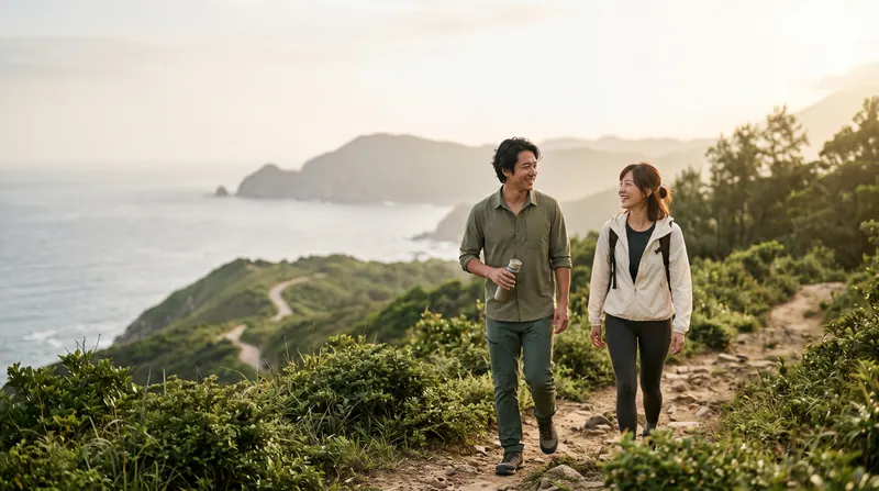 一对伴侣在海岸边的山径上并肩走着，一边说话一边笑