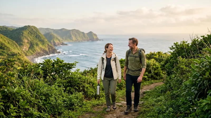 A couple walking a coastal trail side by side, talking and laughing