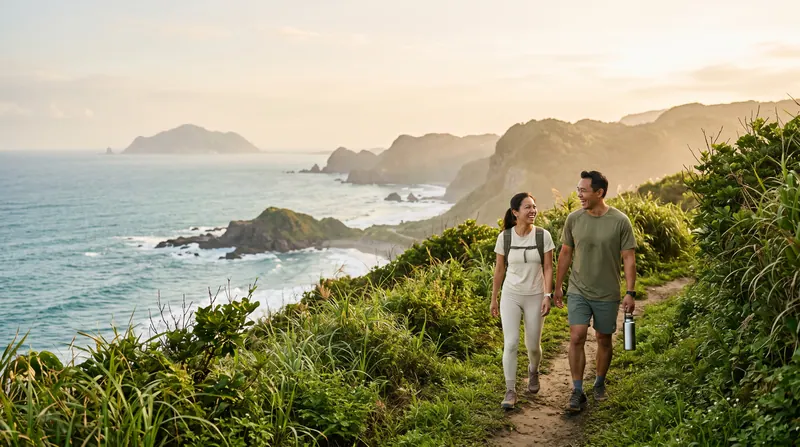Hai người đi bên nhau trên con đường núi ven biển, vừa nói chuyện vừa cười