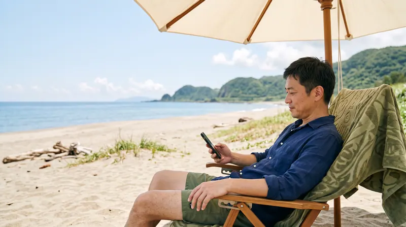 ビーチパラソルの下のチェアで横になり、ふとスマホを見る人