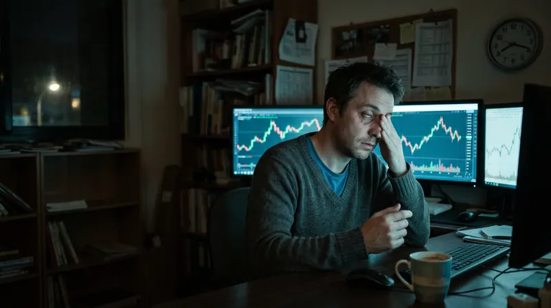 A man rubbing his temples in a dark room, three screens of price charts glowing in front of him, the wall clock past midnight