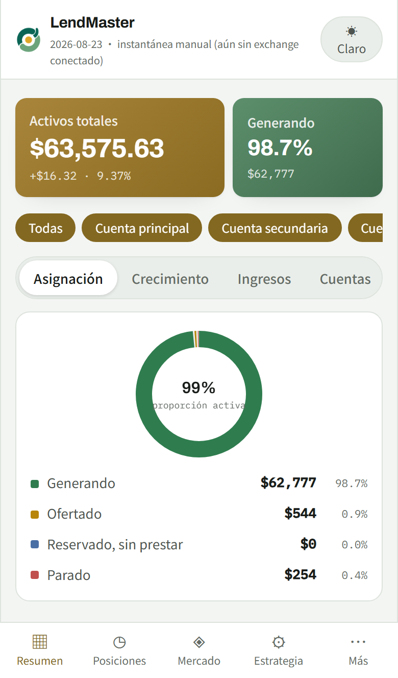 Pantalla de resumen de fondos en la versión móvil